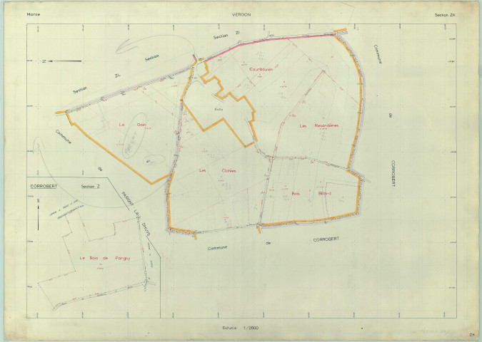 Verdon (51607). Section ZK échelle 1/2000, plan remembré pour 01/01/1971, régulier avant 20/03/1980. Contient ZA de Pargny (papier armé)