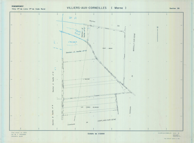 Villiers-aux-Corneilles (51642). Section ZB échelle 1/2000, plan remembré pour 01/01/1993, plan régulier de qualité P5 (calque)
