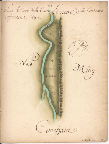 Cayet des plans et figures des prés de l'hotel Dieu de Sainte Manéhould, 1761. Plan n° 32 : sous le Bois de la Cense.