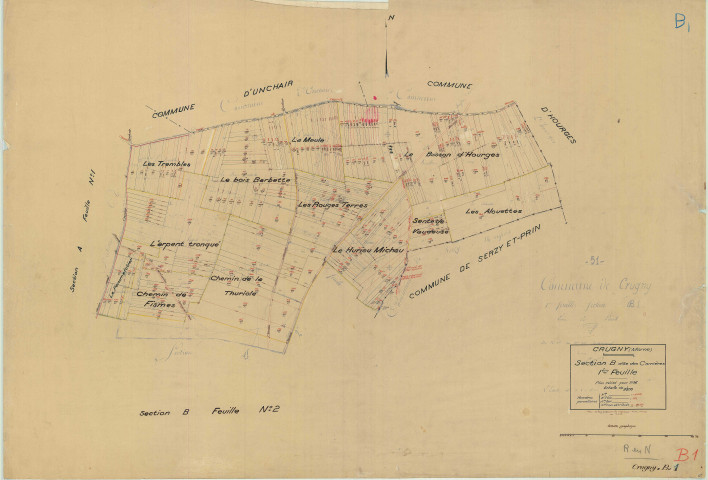 Crugny (51198). Section B1 échelle 1/2500, plan mis à jour pour 1936, plan non régulier (papier).