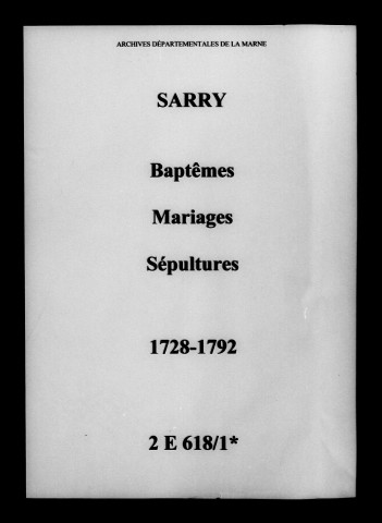 Sarry. Baptêmes, mariages, sépultures 1728-1792