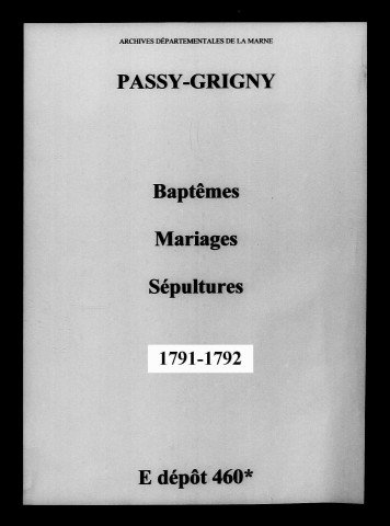 Passy-Grigny. Baptêmes, mariages, sépultures 1791-1792