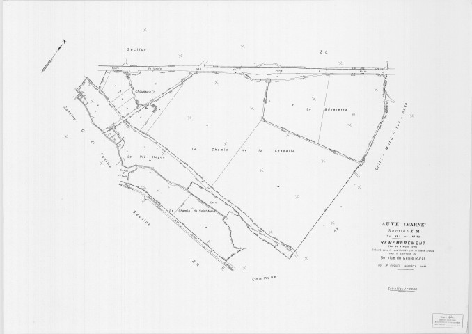 Auve (51027). Section ZM1 échelle 1/2000, plan remembré pour 1968 (partie détachée de ZM1), plan régulier (papier)