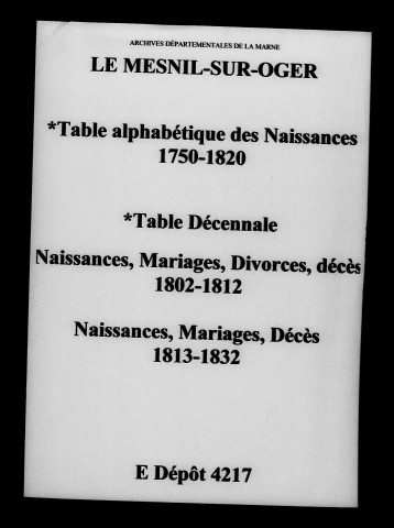 Mesnil-sur-Oger (Le). Tables alphabétiques des naissances, tables décennales des naissances, mariages, divorces, décès et tables décennales des naissances, mariages, décès 1750-1832