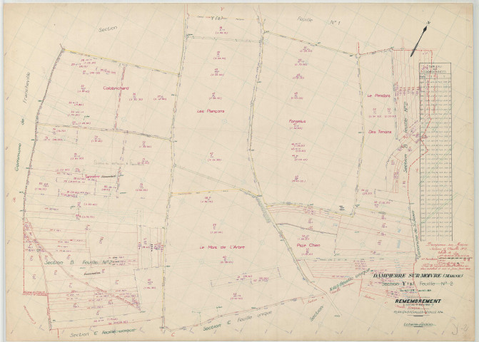 Dampierre-sur-Moivre (51208). Section Y2 échelle 1/2000, plan remembré pour 1958, plan régulier (papier)