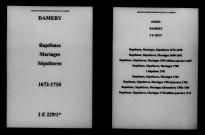 Damery. Baptêmes, mariages, sépultures 1672-1710