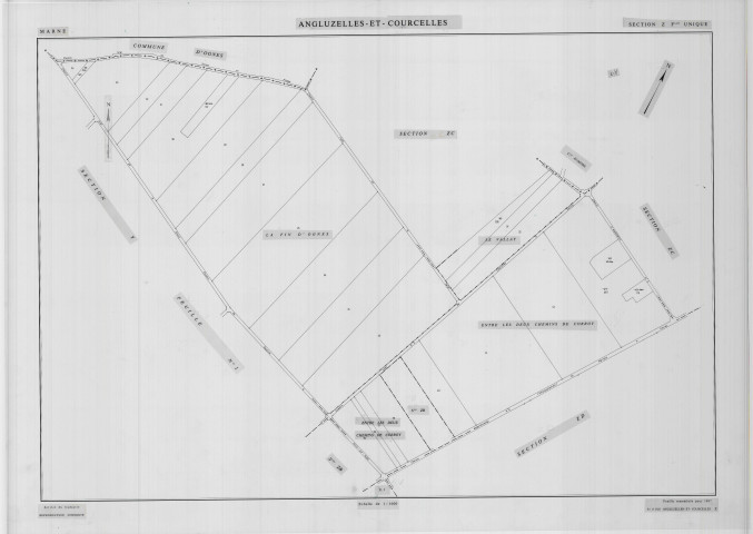 Angluzelles-et-Courcelles (51010). Section Z échelle 1/1000, plan remembré pour 01/01/1987, plan régulier de qualité P4 (calque)