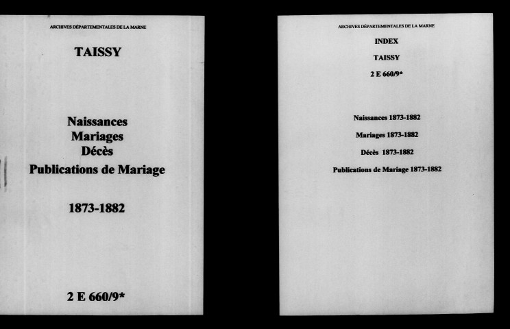 Taissy. Naissances, mariages, décès, publications de mariage 1873-1882