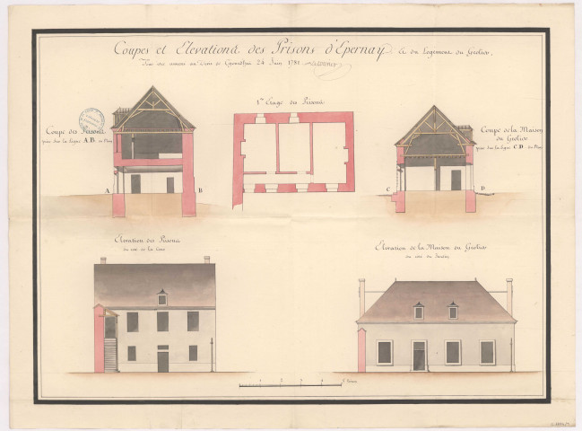 Coupes et élévations des prisons d'Epernay et du logement du géolier, 1781.