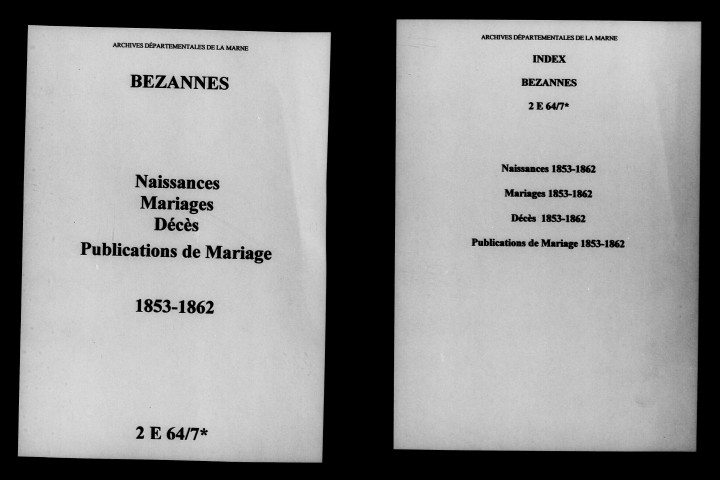 Bezannes. Naissances, mariages, décès, publications de mariage 1853-1862