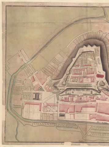 Copie du plan du château de la ville d'une partie des faubourgs de Ste Menehould qui fait voir les murs et enceintes tels qu'ils étoient avant l'incendie du 7 aout 1719, levé par le Sieur Morla, géographe des Ponts et Chaussées 1753.