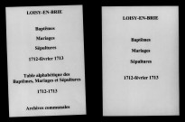Loisy-en-Brie. Baptêmes, mariages, sépultures et tables de baptêmes, mariages, sépultures 1712-1713