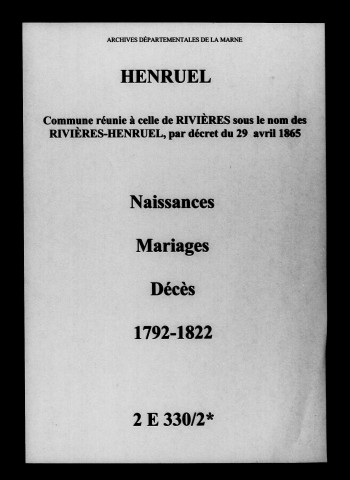 Henruel. Naissances, mariages, décès 1792-1822