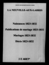 Neuville-aux-Larris (La). Naissances, publications de mariage, mariages, décès 1823-1832