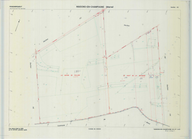Maisons-en-Champagne (51340). Section XD échelle 1/2000, plan remembré pour 1989, plan régulier (calque)