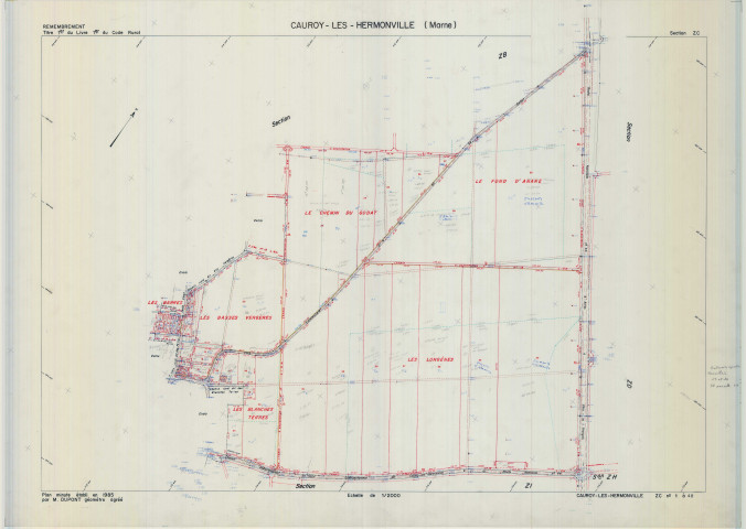 Cauroy-lès-Hermonville (51102). Section ZC échelle 1/2000, plan remembré pour 1989, plan régulier de qualité P5 (calque).