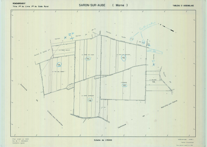 Saron-sur-Aube (51524). Tableau d'assemblage 2 échelle 1/5000, plan remembré pour 01/01/1993 (calque)