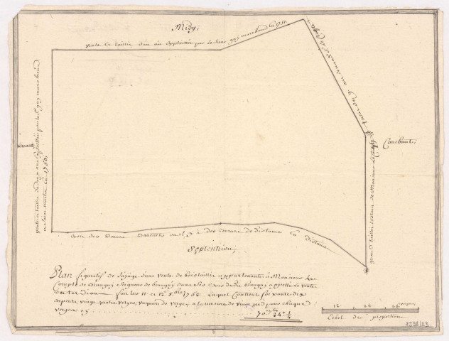 Domaine de Brugny. Plan figuratif de layage d'une vente de bois taillis pour monsieur le comte de Brugny,1752.