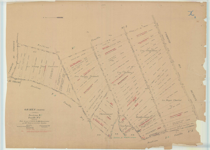 Ormes (51418). Section X1 échelle 1/2000, plan remembré pour 1939, plan régulier (papier).