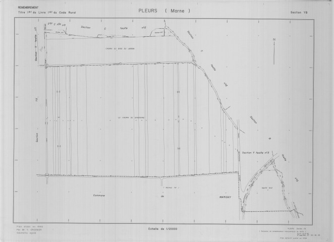 Pleurs (51432). Section YB échelle 1/2000, plan remembré pour 01/01/1993, plan régulier de qualité P5 (calque)