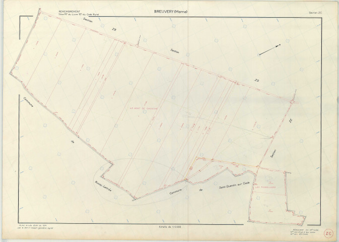 Breuvery-sur-Coole (51087). Section ZC échelle 1/2000, plan remembré pour 1974, plan régulier (papier armé)