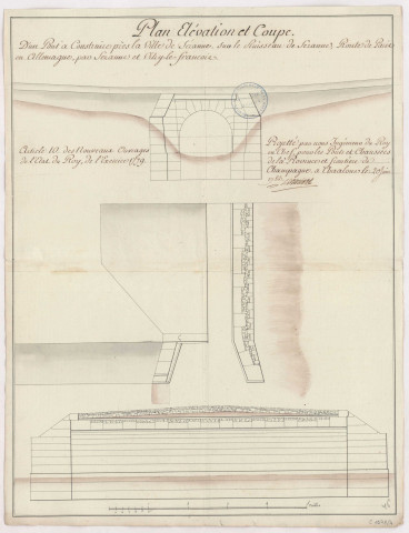 Route nationale n° 34. Plan élévation et coupe d'un pont à construire prés la ville de Sézanne, 1783.