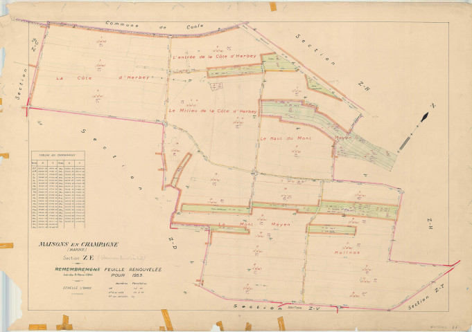 Maisons-en-Champagne (51340). Section ZE échelle 1/2000, plan remembré pour 1959 (Renouvelé pour 1959), plan régulier (papier)