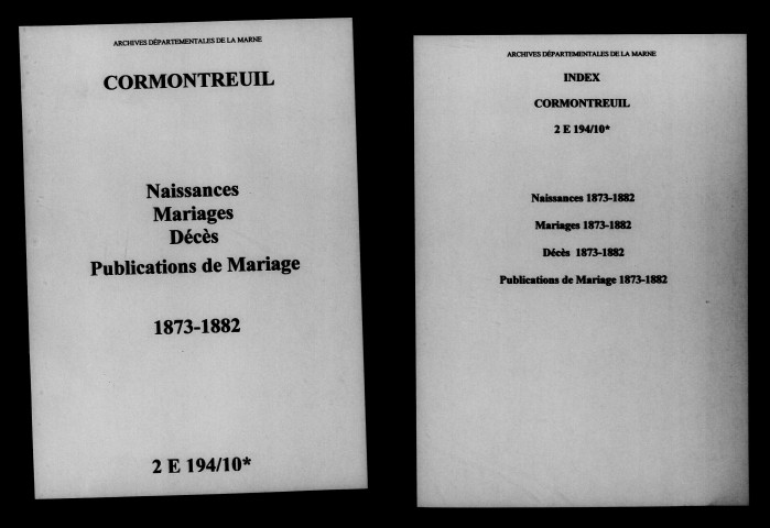 Cormontreuil. Naissances, mariages, décès, publications de mariage 1873-1882