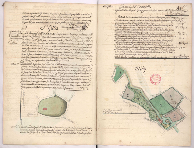 Arpentage et plan de l'emplacement du prieuré de Saint-Gilles (1760) , Arpentage et plan du moulin de Saint-Gilles : bâtiments et terres (1760)