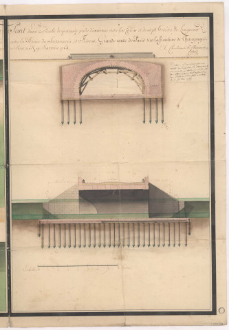 Plan coupe élévation d'un pont à construire sur la rivière de Vesle entre la borne du Soissonnais et Fismes, 1767.