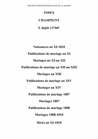 Champigny. Naissances, publications de mariage, mariages, décès an XI-1810