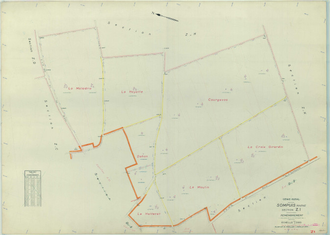 Sompuis (51550). Section ZI échelle 1/2000, plan remembré pour 1962, plan régulier (papier armé)
