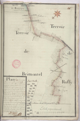 Plan des limites et bornements du terroir de Ruffy à l'encontre de celles du terroir de Brimontel (1780), Pierre Villain