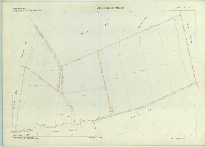 Villeseneux (51638). Section ZI 2 échelle 1/2000, plan remembré pour 1967, plan régulier (papier armé)