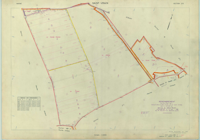 Saint-Vrain (51521). Section ZB échelle 1/2000, plan remembré pour 1962, plan régulier (papier armé)