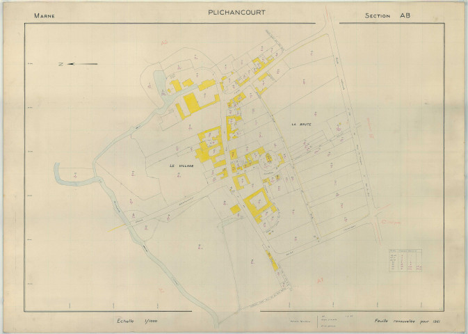 Plichancourt (51433). Section AB échelle 1/1000, plan renouvelé pour 1961, plan régulier (papier armé)