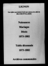 Lignon. Naissances, mariages, décès et tables décennales des naissances, mariages, décès 1873-1882