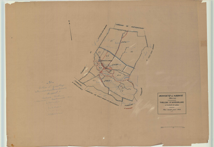 Moncetz-l'Abbaye (51373). Tableau d'assemblage 2 échelle 1/10000, plan mis à jour pour 1933, plan non régulier (calque)