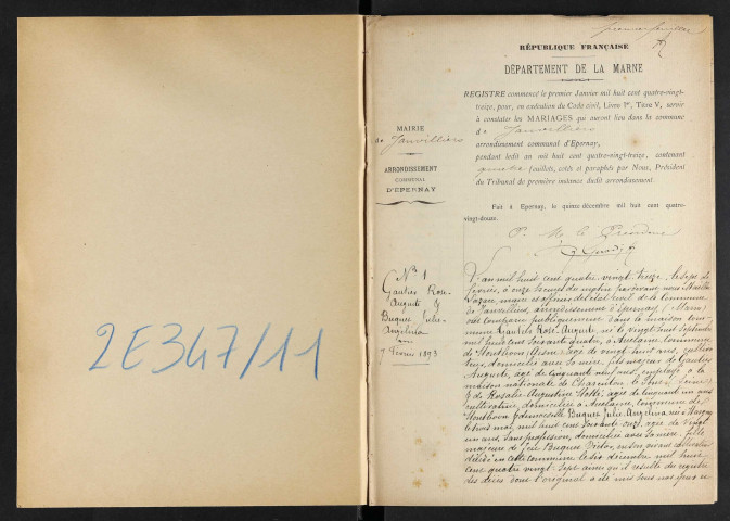 Janvilliers. Mariages 1893-1895 et 1897-1929. Décès 1896