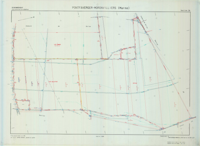 Pontfaverger-Moronvilliers (51440). Section ZA échelle 1/2000, plan remembré pour 1994, plan régulier de qualité P5 (calque).