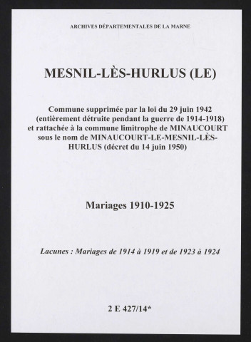 Mesnil-lès-Hurlus (Le). Mariages 1910-1925