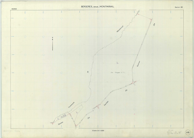 Bergères-sous-Montmirail (51050). Section AB échelle 1/2000, plan renouvelé pour 01/01/1976, régulier avant 20/03/1980 (papier armé)
