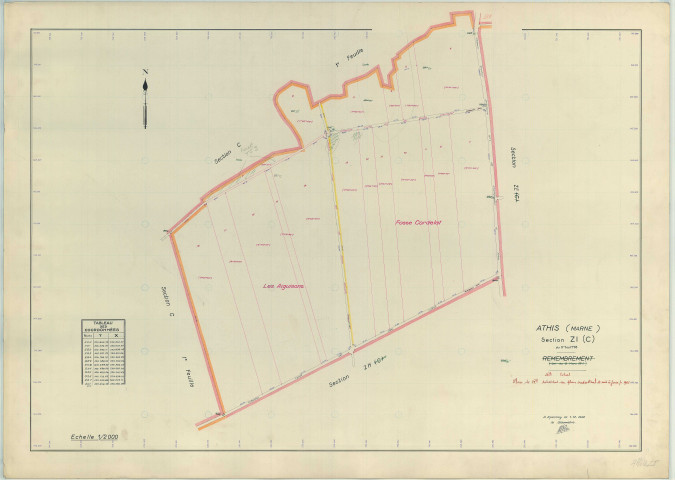 Athis (51018). Section ZI échelle 1/2000, plan remembré pour 1958 (mis à jour en 1961), plan régulier (papier armé)