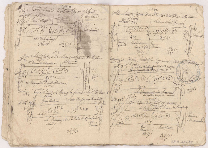 Abbaye d'Avenay. Arpentage de la ferme de Vraux appartenant à Madame l'abesse.Terroir de Vraux lieudit "la Petitte Vigne", "la Voye", "le Champ la Fourche", "Tetier des Plantes", "la Cupiniere".