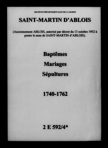 Ablois. Baptêmes, mariages, sépultures 1740-1762