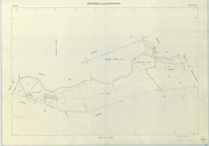 Bergères-sous-Montmirail (51050). Section AE échelle 1/2000, plan renouvelé pour 01/01/1976, régulier avant 20/03/1980 (papier armé)