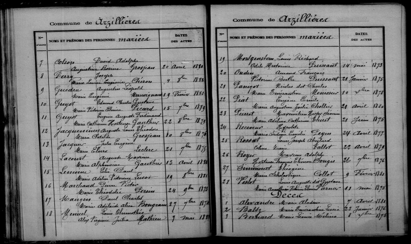 Arzillières. Table décennale 1873-1882