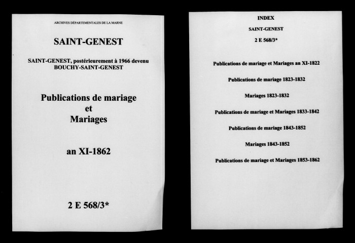 Saint-Genest. Publications de mariage, mariages an XI-1862