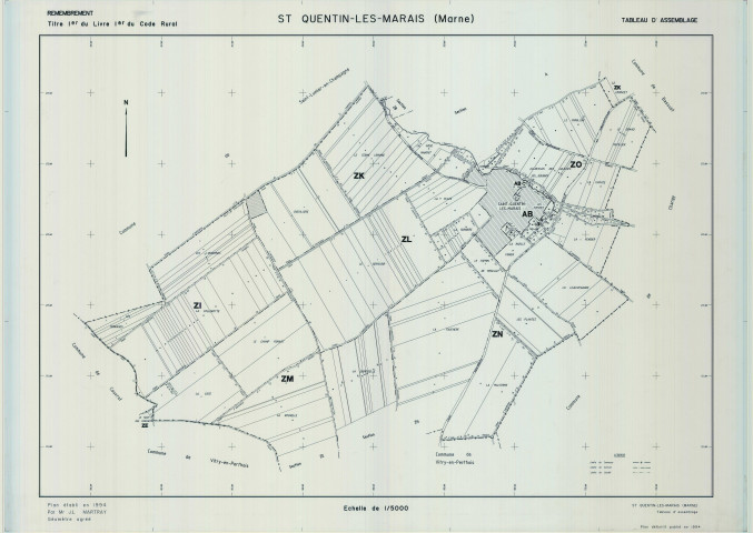 Saint-Quentin-les-Marais (51510). Tableau d'assemblage échelle 1/5000, plan remembré pour 1994, plan régulier (calque)
