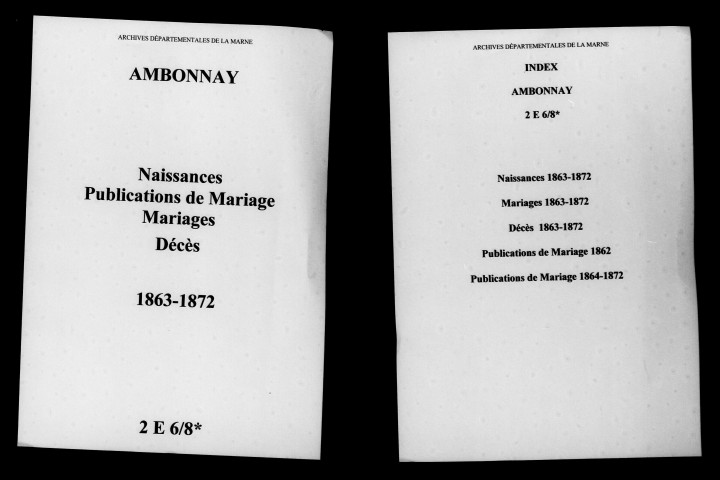 Ambonnay. Naissances, publications de mariage, mariages, décès 1863-1872